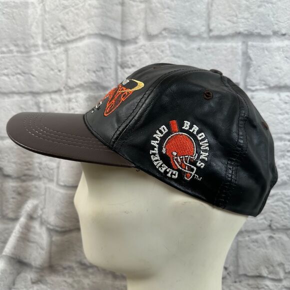 VTG NFL Cleveland Browns Embroidered Leather Cap Hat One-Size Adjustable Back - Picture 6 of 9